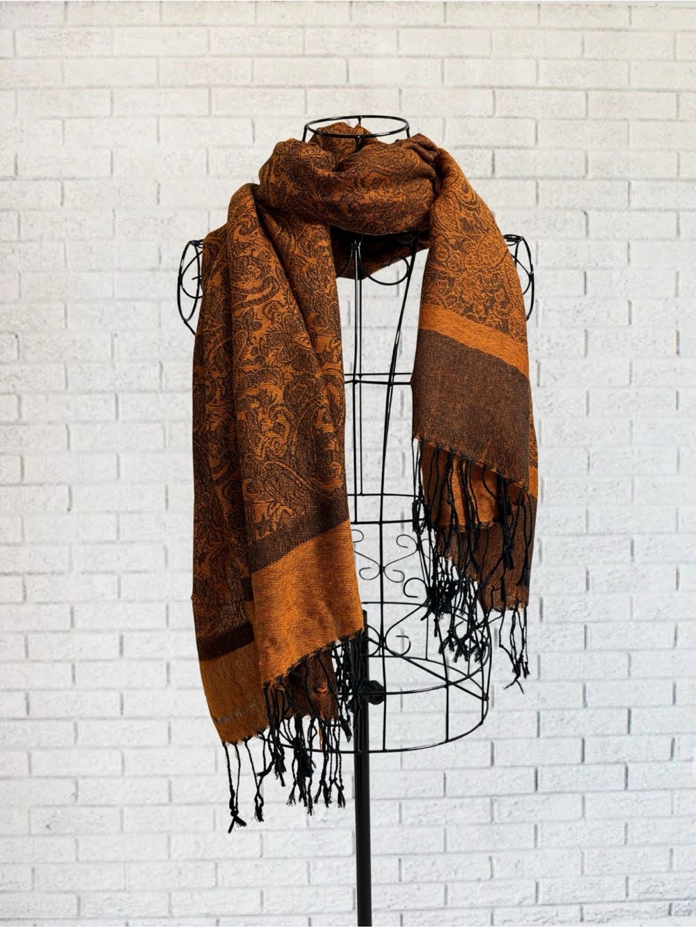 Pashmina Burnt Orange Scarf Double Sided Geometric Shawl Wrap Fringe Stripe Chic